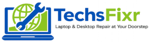 techsfixr logo with laptop and globe
